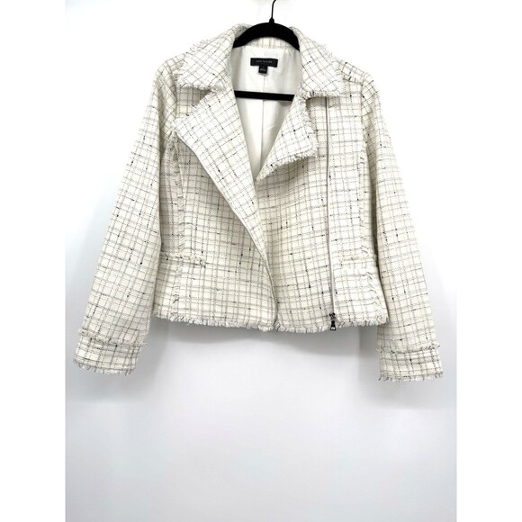 Ann Taylor Jackets & Blazers - Ann Taylor Tweed Plaid Moto Jacket Sz 6 Cream Black Gold Stylish Office Career